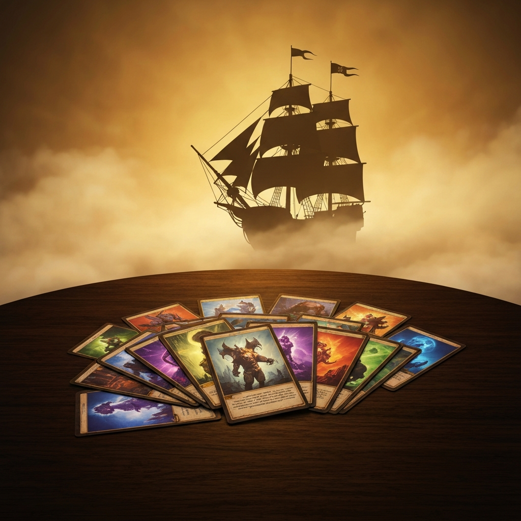 Collection of trading cards with a pirate ship silhouette, representing Japanese collectible card game culture