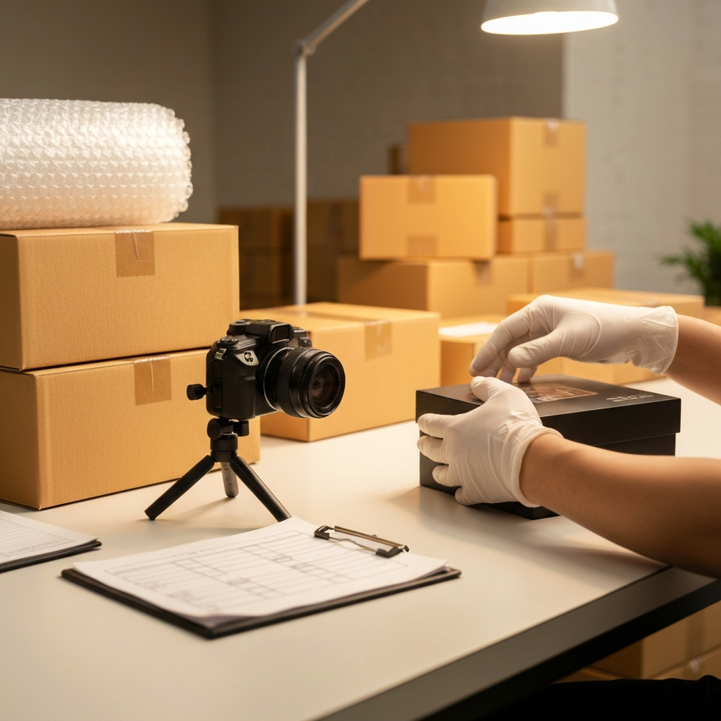 White-gloved hands inspecting and photographing a boxed collectible at a clean warehouse quality-control station