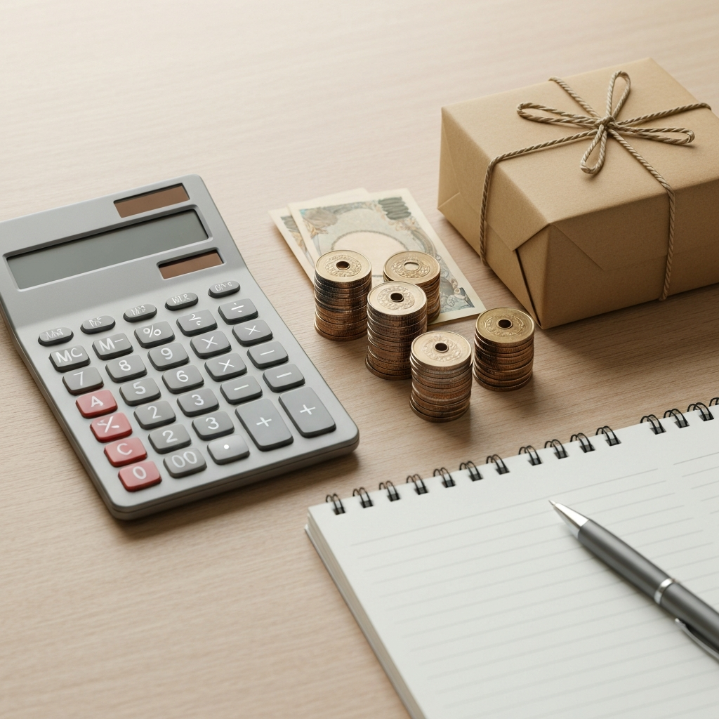 Calculator, Japanese yen coins and a shipping parcel on a desk representing transparent proxy pricing
