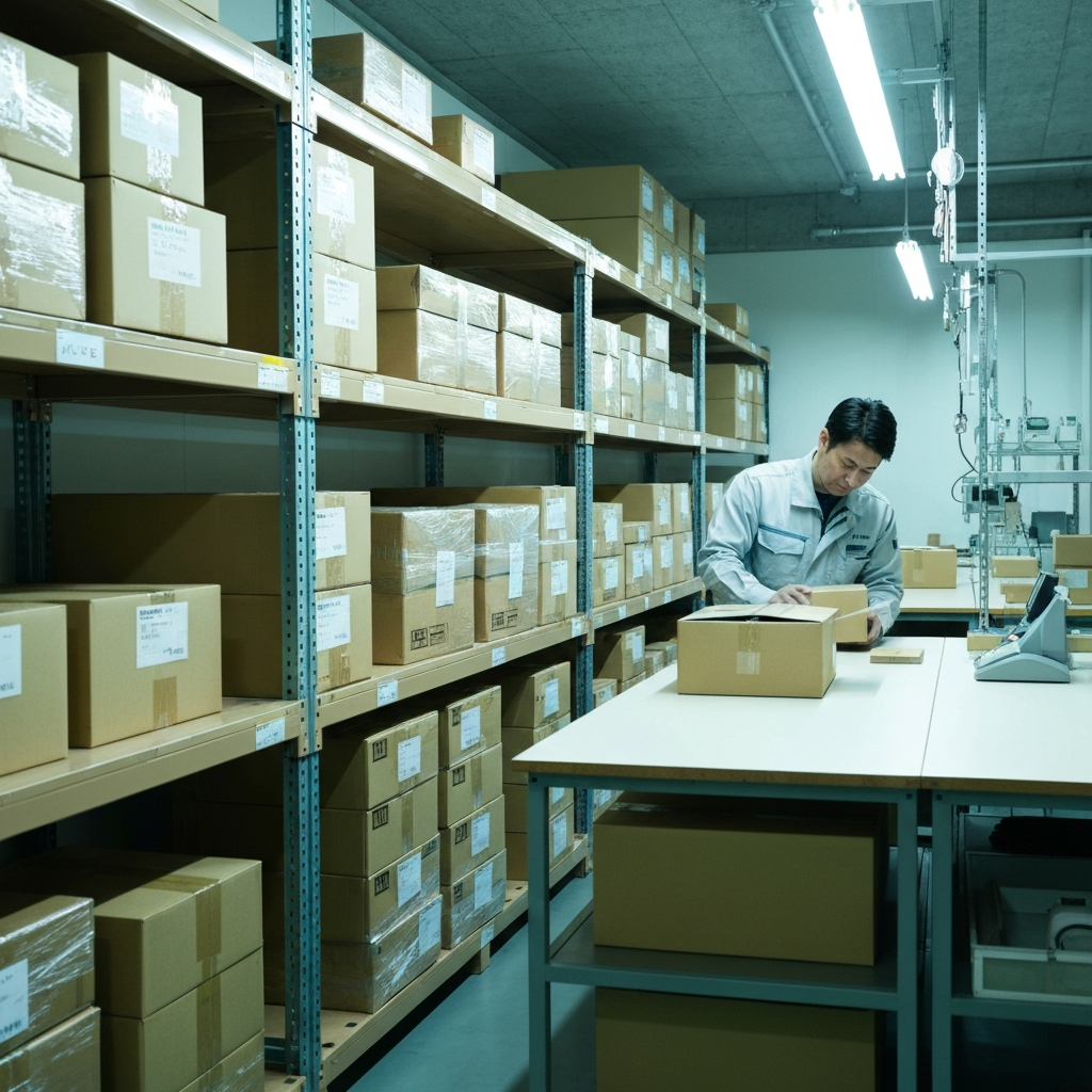Japanese fulfillment warehouse worker inspecting and photographing a parcel before international shipping