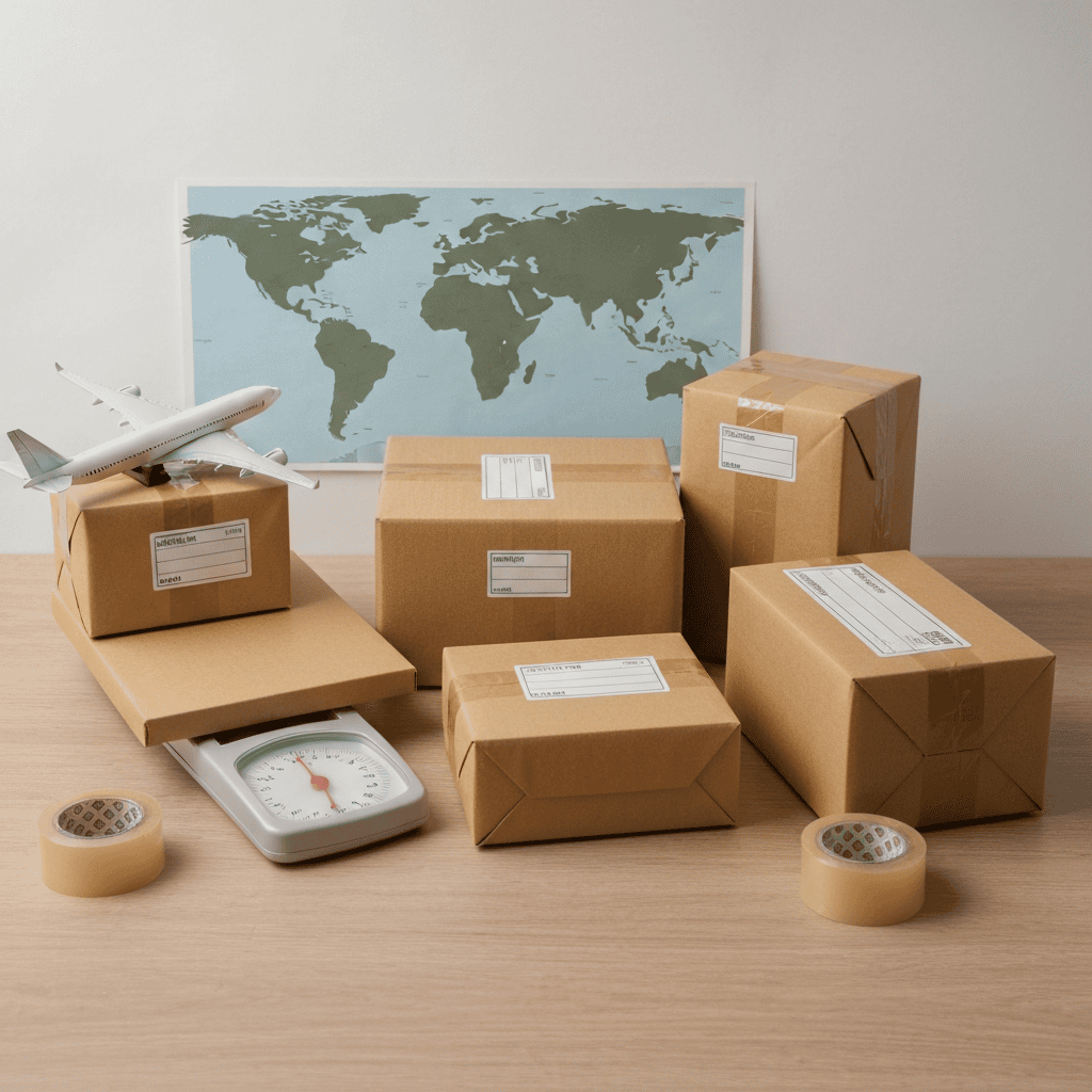 International parcels, airplane and cargo ship representing Japan shipping methods