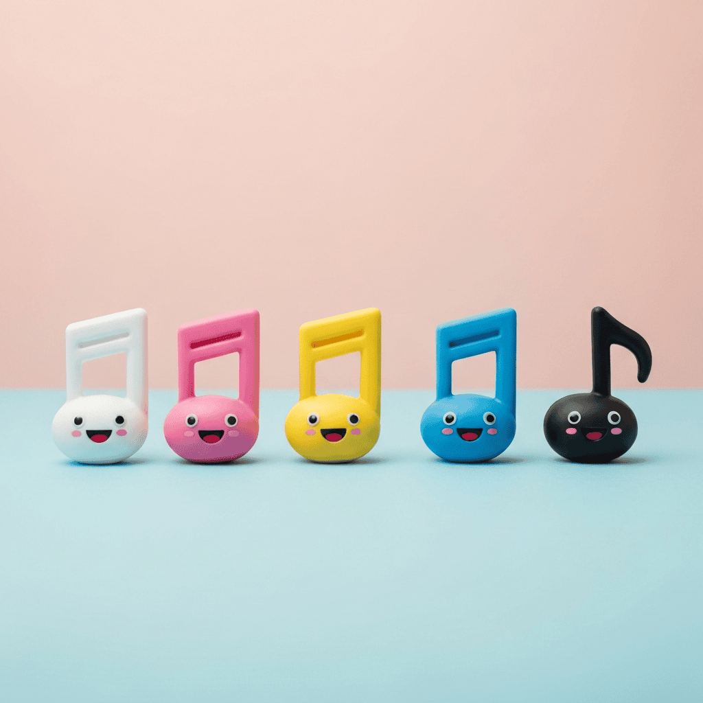 Row of colorful note-shaped electronic singing toys with cartoon faces