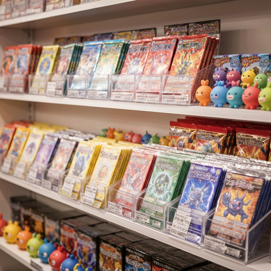 Display shelf of colorful trading cards booster packs and vinyl figures in a Japanese hobby shop