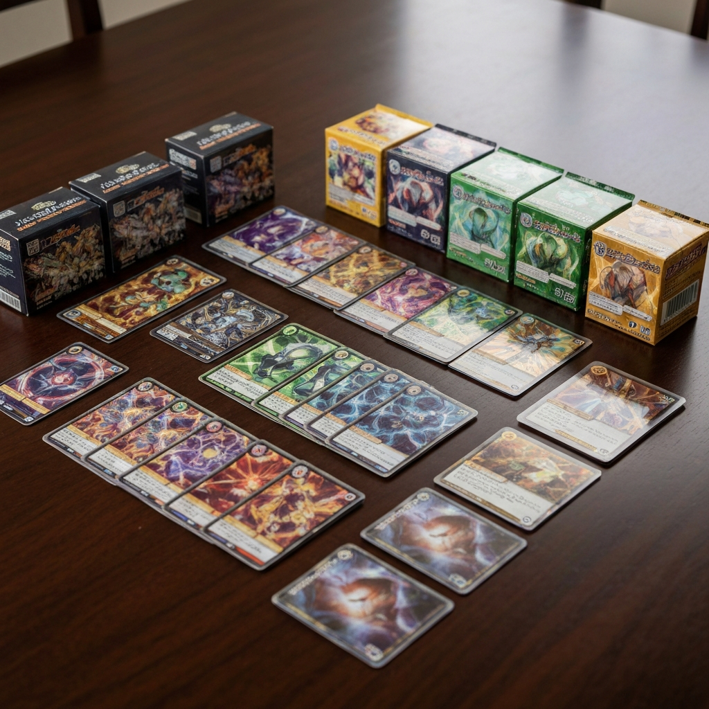 Holographic trading cards and sealed booster packs on a wooden table