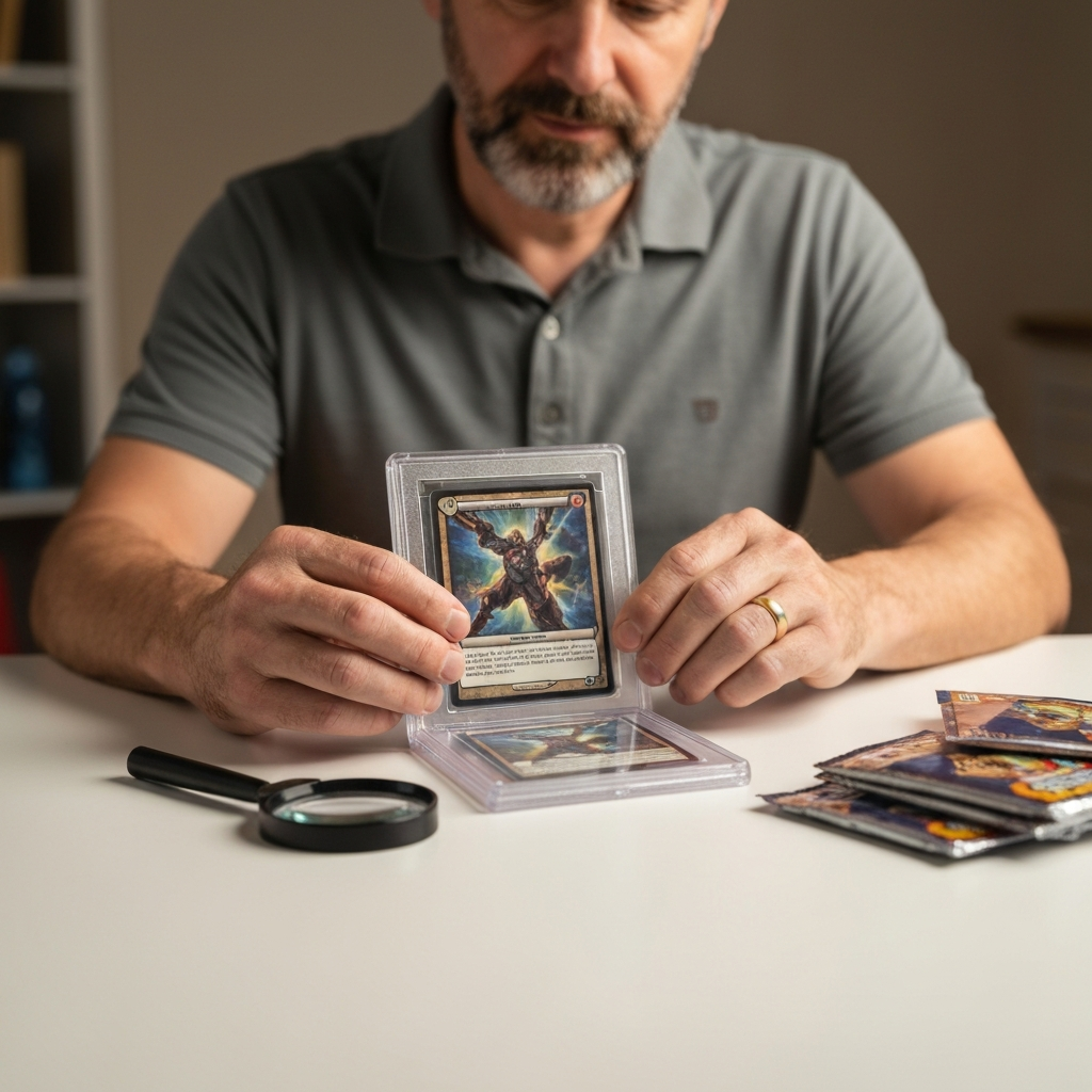 Collector grading and protecting a trading card in a plastic case