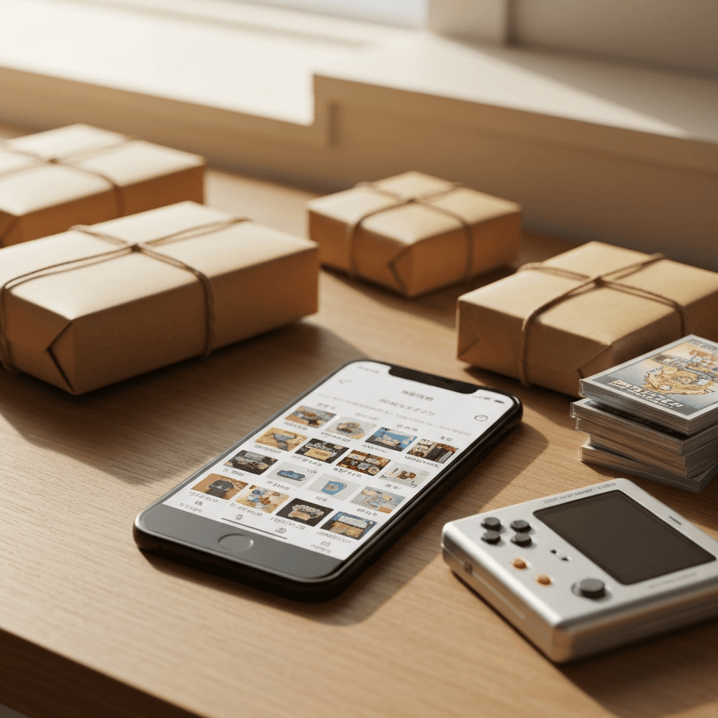 A smartphone showing a Japanese flea-market shopping app beside packed parcels ready to ship
