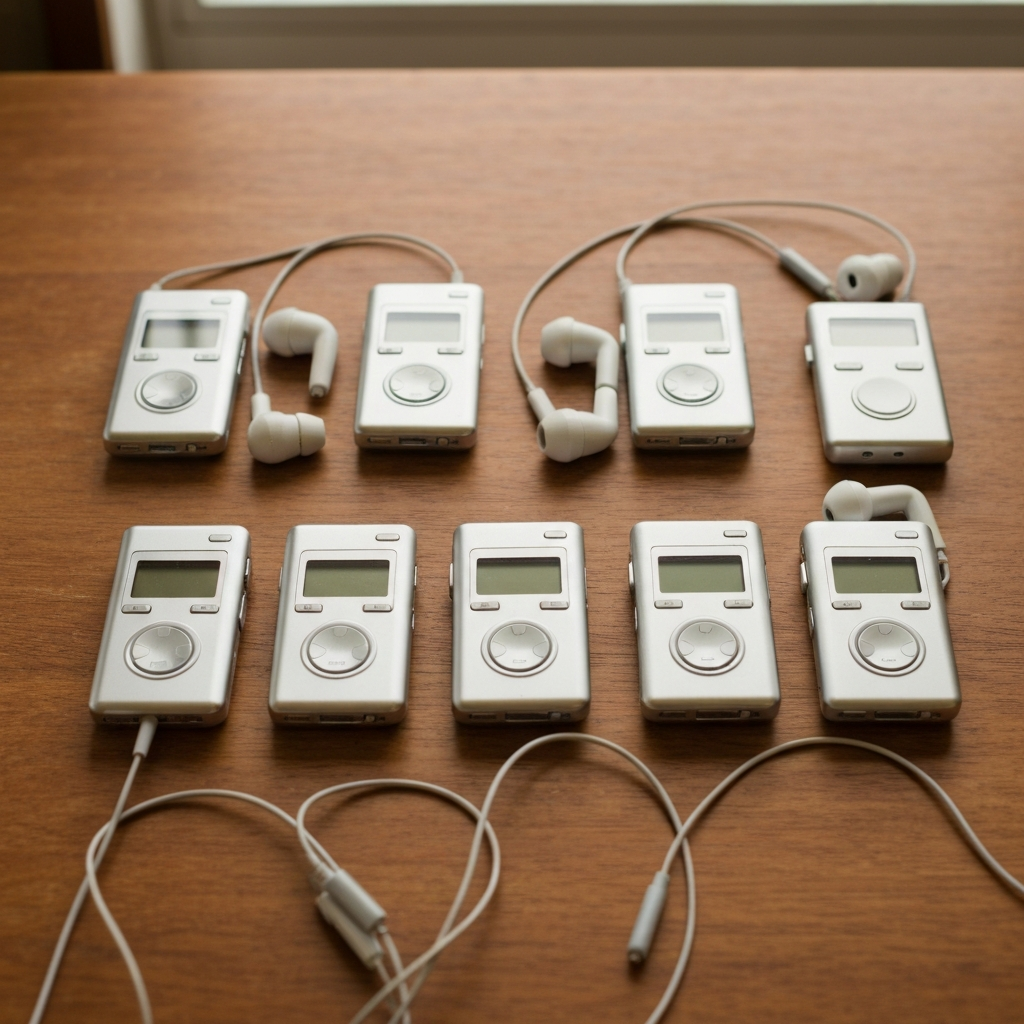Flat-lay of retro silver Y2K portable music players and earphones on a wooden table in a Japanese second-hand shop