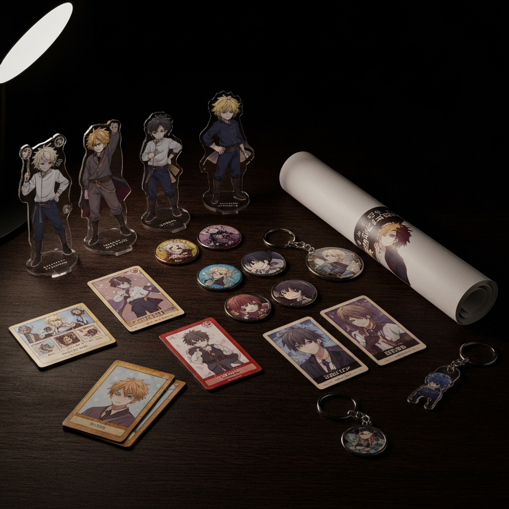 Japanese anime merchandise flat lay collectible goods