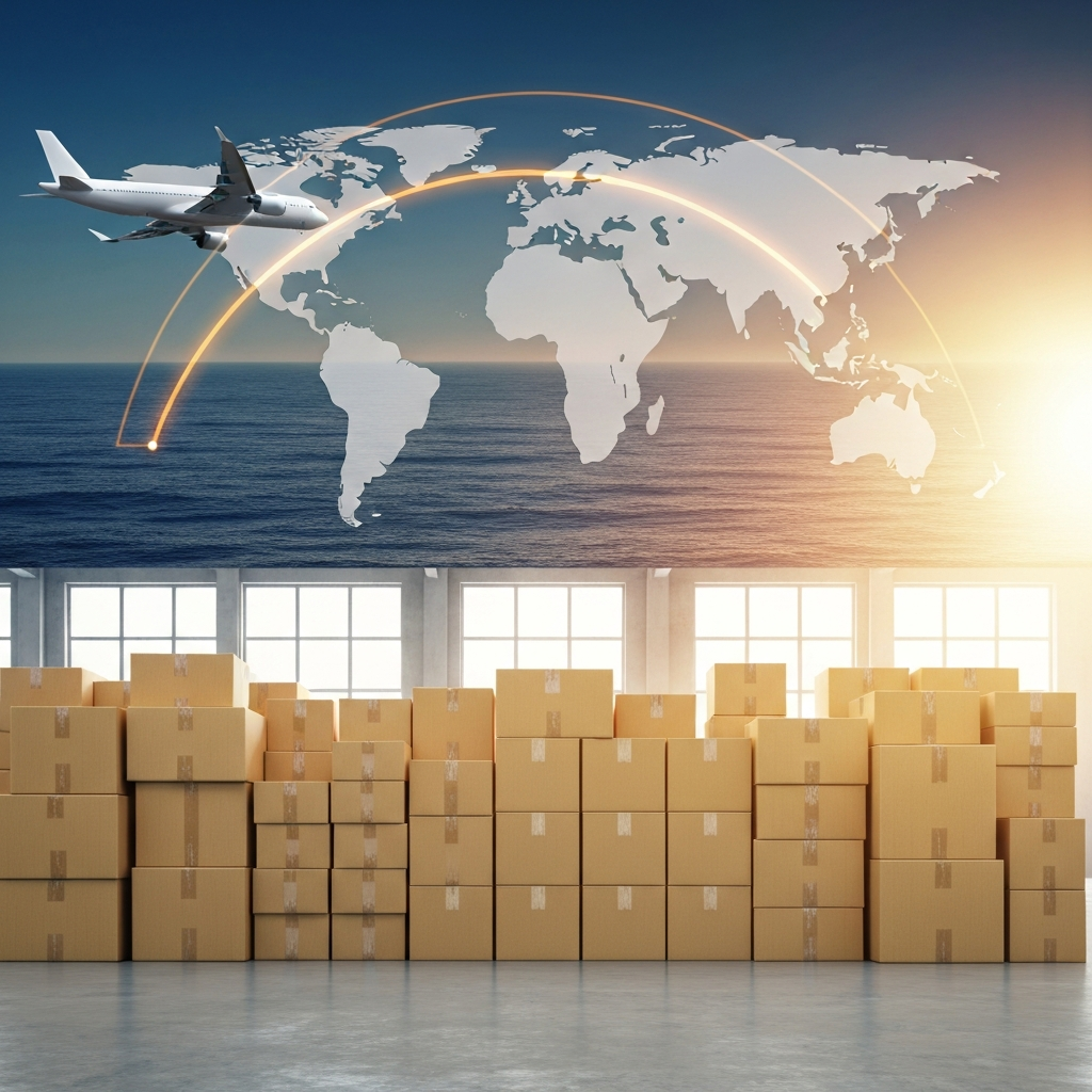 Cargo plane over the Pacific and shipping boxes in a Japanese warehouse representing shipping from Japan to the USA
