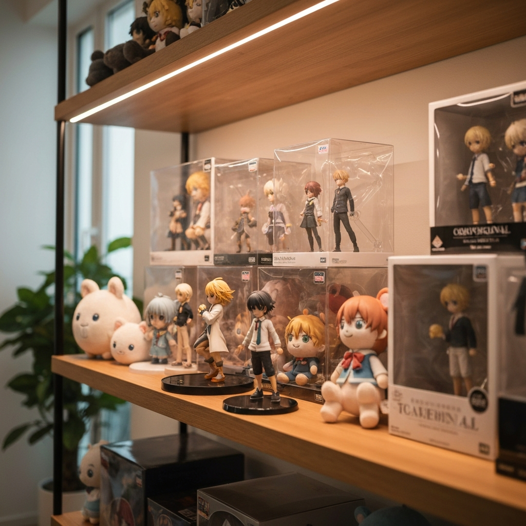 Shelf of anime figures and plush toys in boxes under warm light