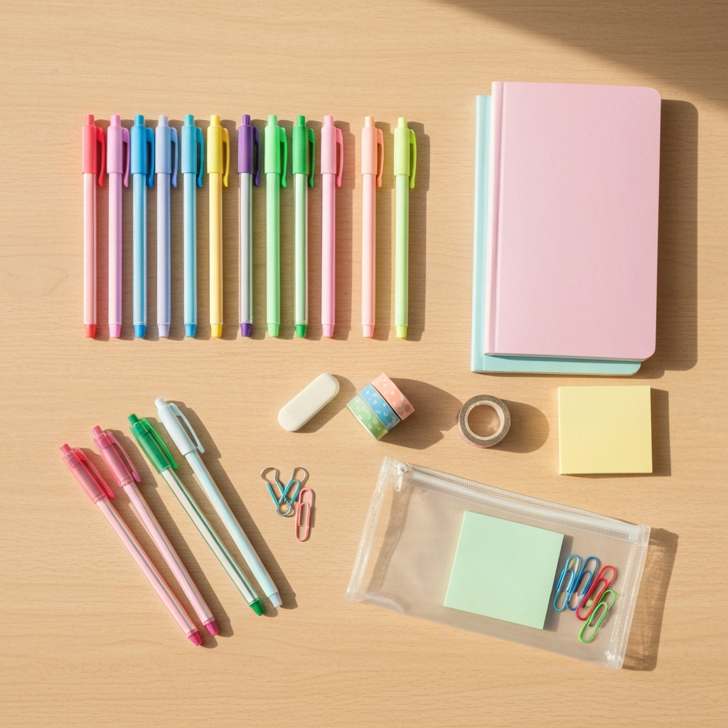 Colorful Japanese stationery flat-lay on a school desk
