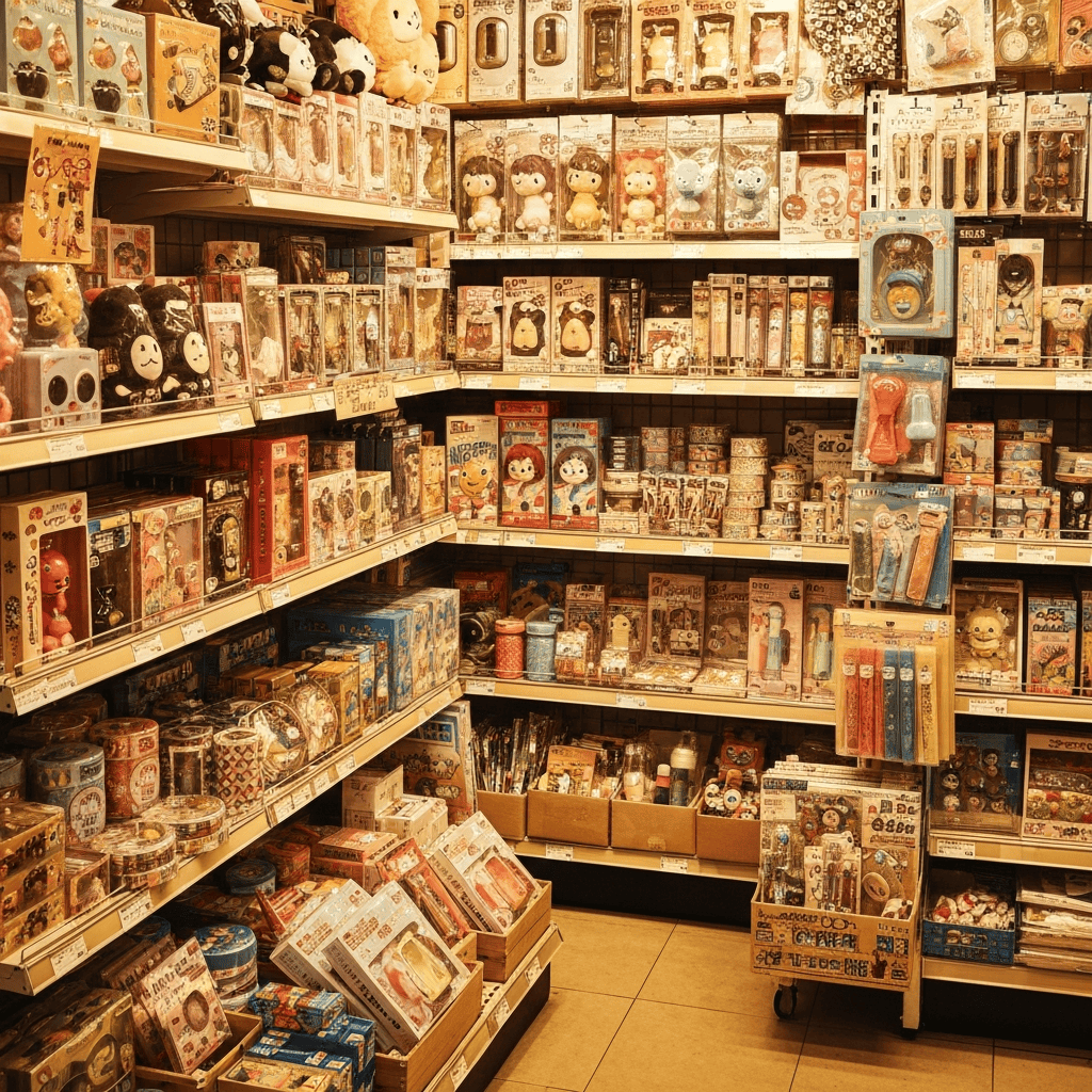colorful cluttered Japanese variety store aisle full of quirky novelty goods and character merchandise