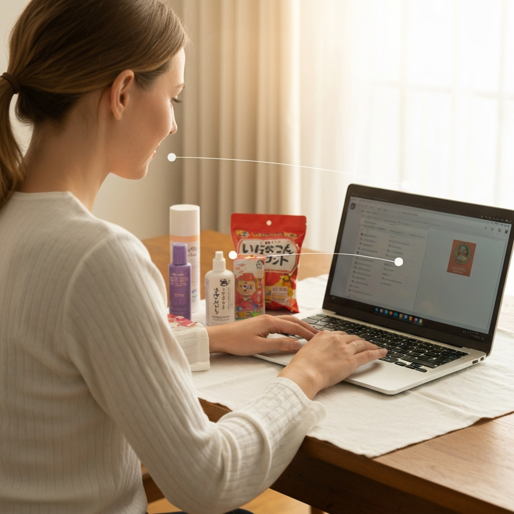 Shopper at home accessing Japanese products through a laptop