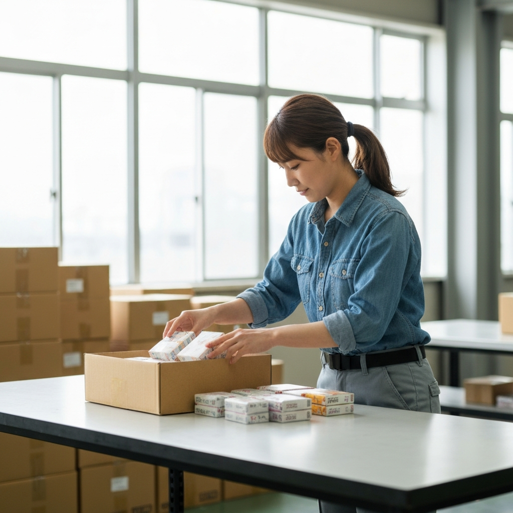 Worker consolidating several Japanese parcels into one box