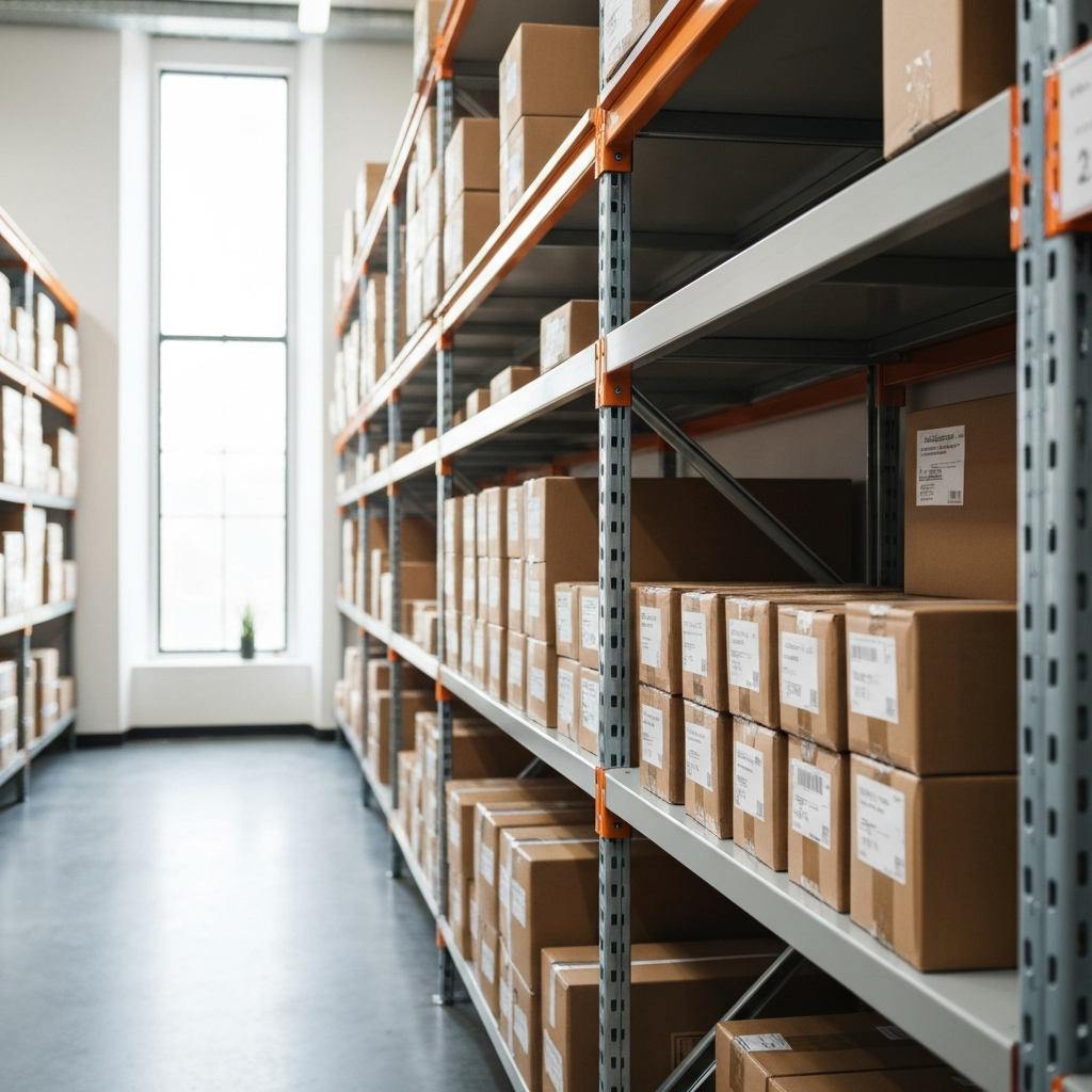 Warehouse shelves storing many parcels for long free storage