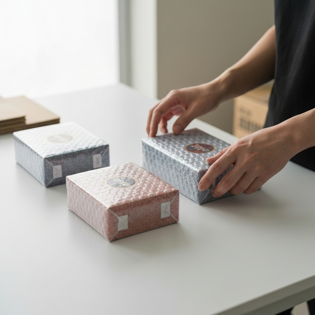 Hands packing Japan-only items for safe international shipping