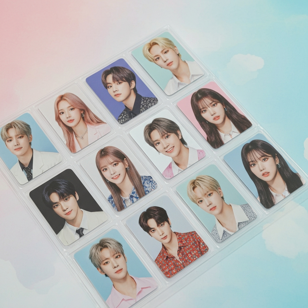 Glossy K-pop idol collectible photocards arranged in clear sleeves