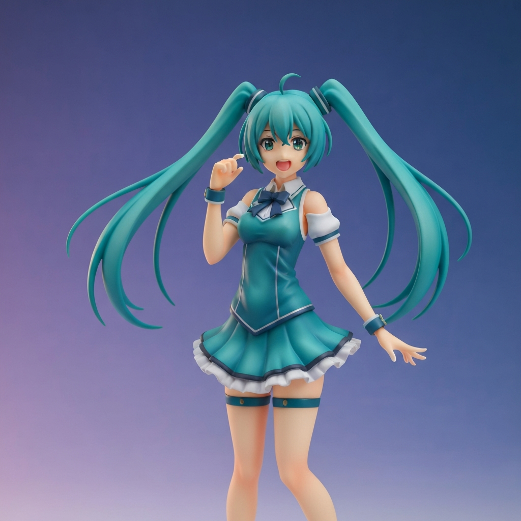 Teal twin-tail anime idol figure in dynamic singing pose