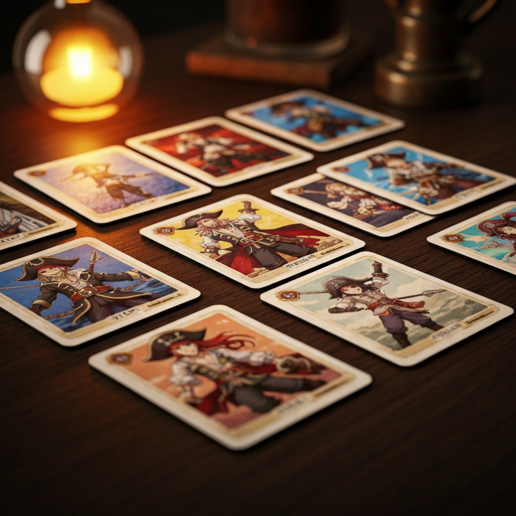 Pirate themed anime trading card game cards on a wooden table
