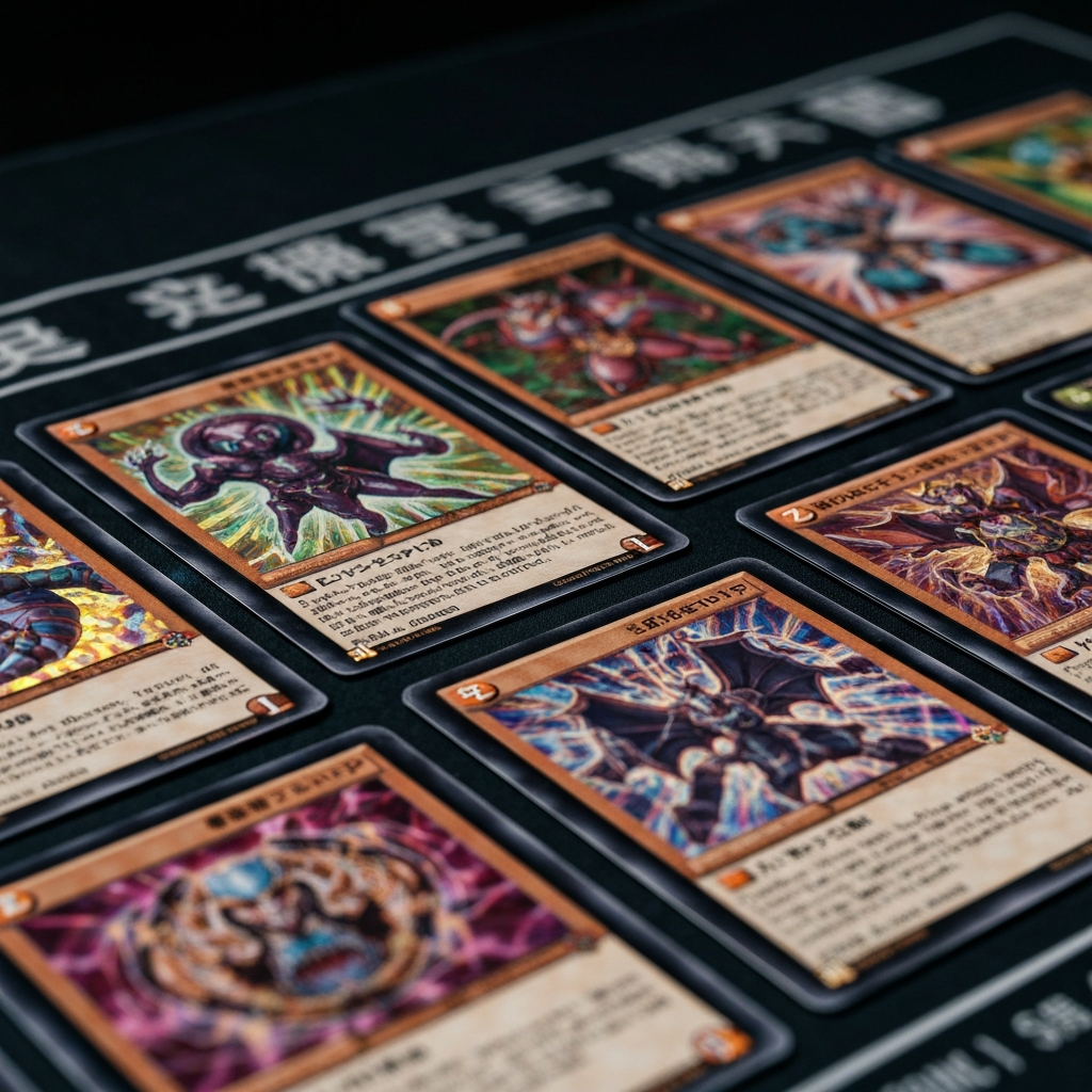 Collectible dueling trading cards laid out on a play mat