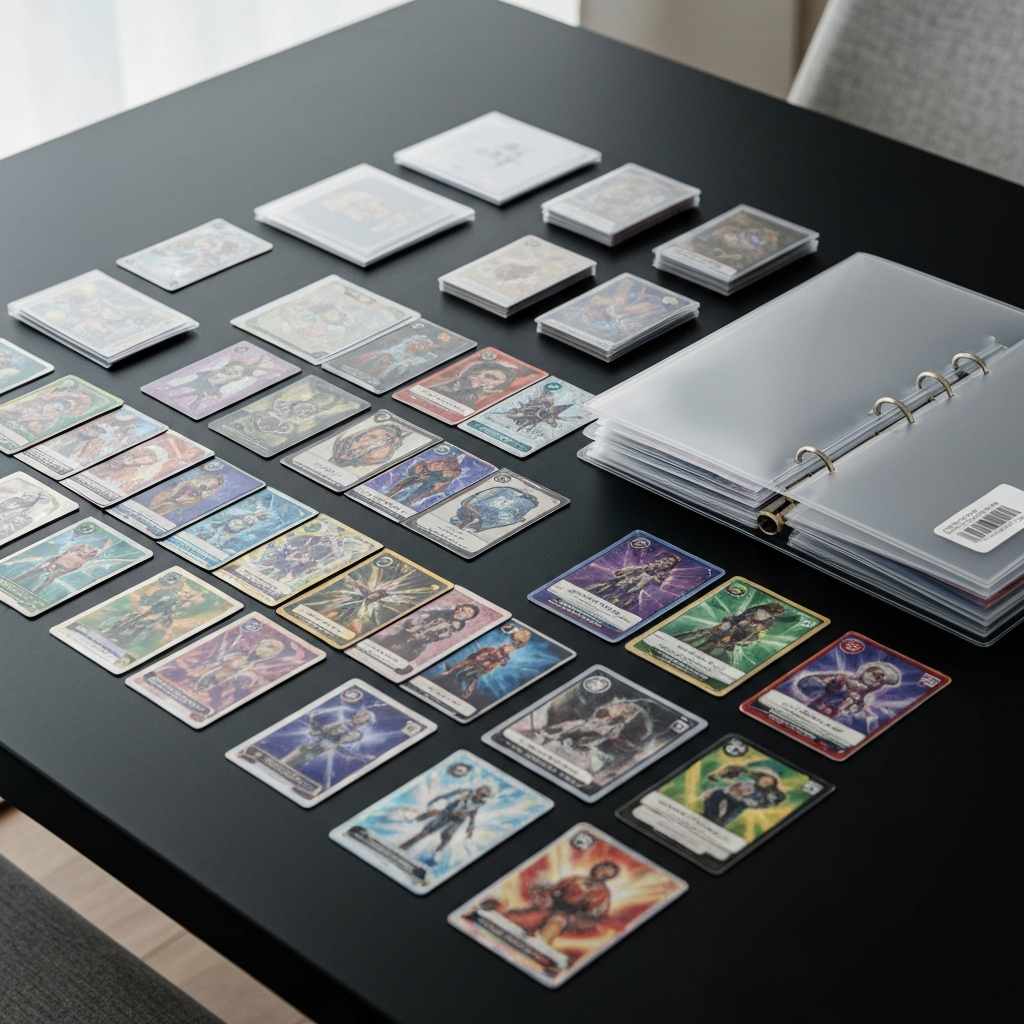 Assortment of collectible trading cards spread across a table