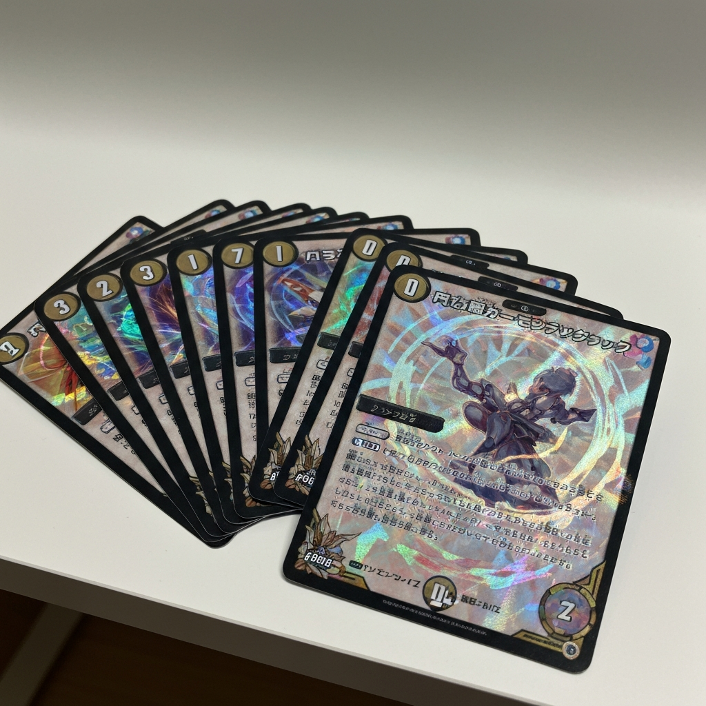 Japanese holographic collectible trading cards fanned out on a desk