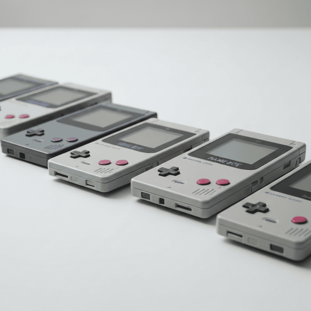Vintage retro handheld game consoles collection on clean surface