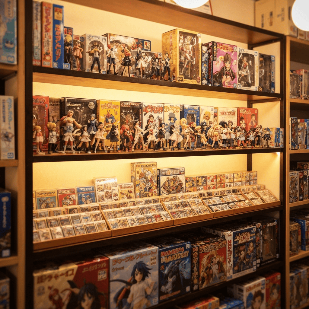 Japanese second-hand collectibles shop shelves full of figures and games