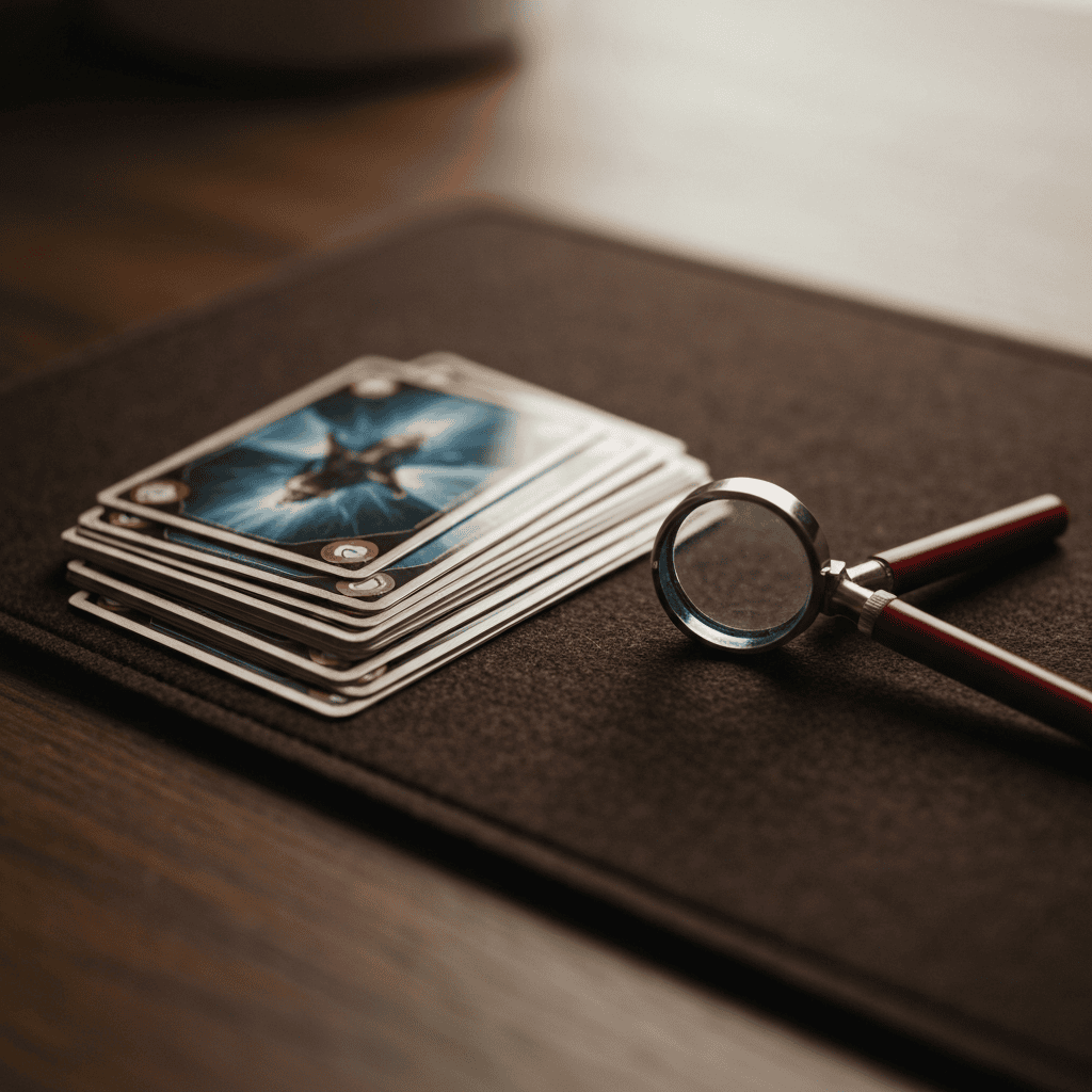 Valuable Japanese collectible trading cards fanned on felt mat