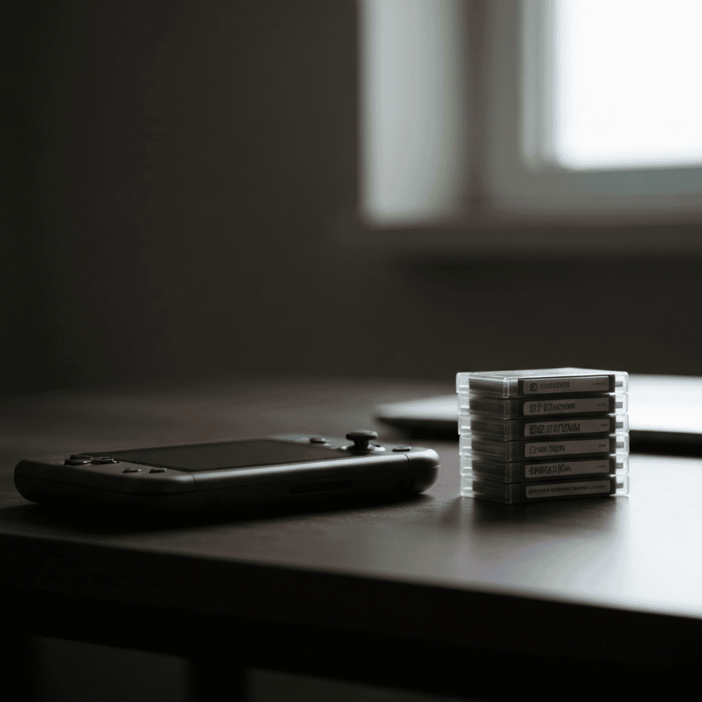 Handheld console with physical game cartridges in dim lighting