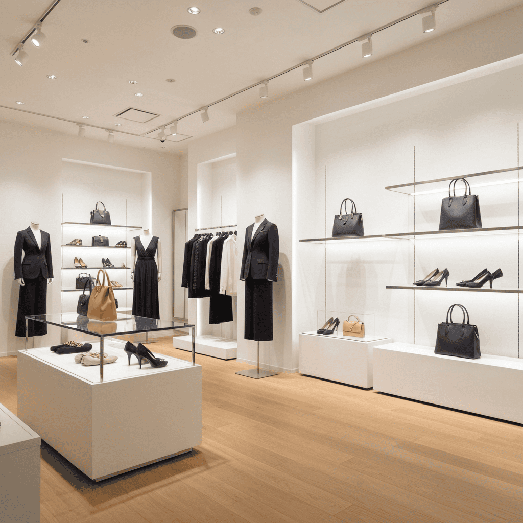 Elegant Japanese fashion boutique flat-lay with designer bags shoes and apparel