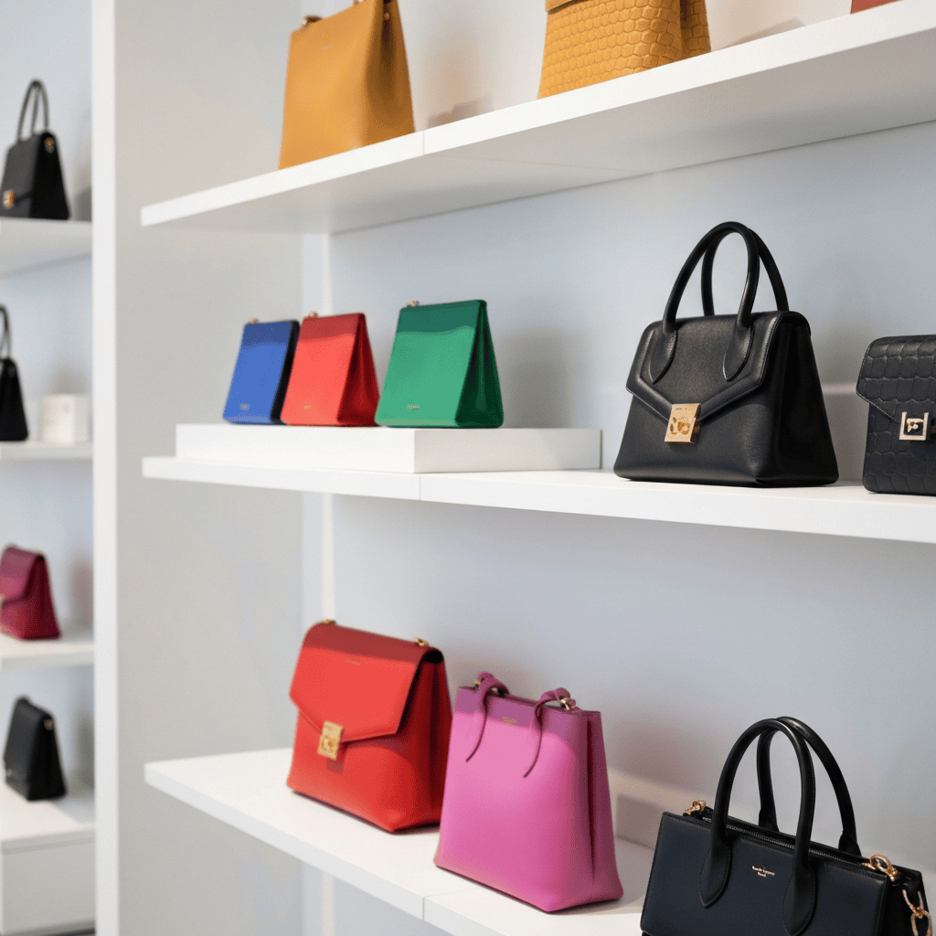 Curated designer handbags and accessories displayed in a fashion boutique