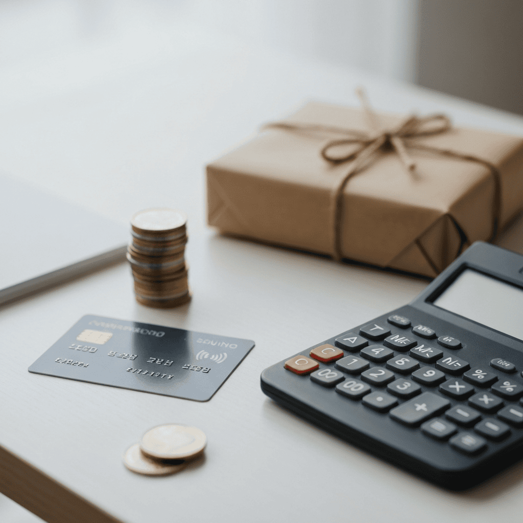 Credit card, calculator and parcel showing transparent proxy shopping fees