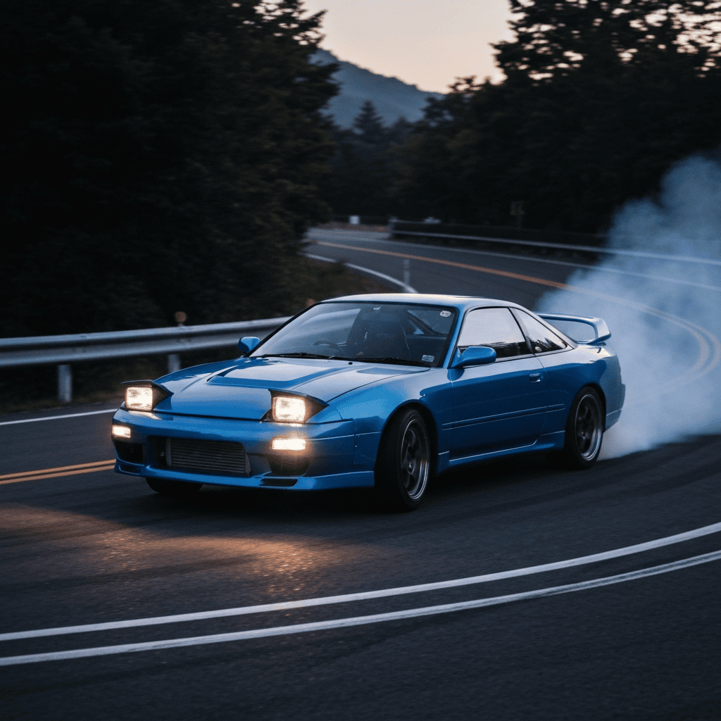 1990s Japanese sports coupe drifting on a mountain touge road at dusk