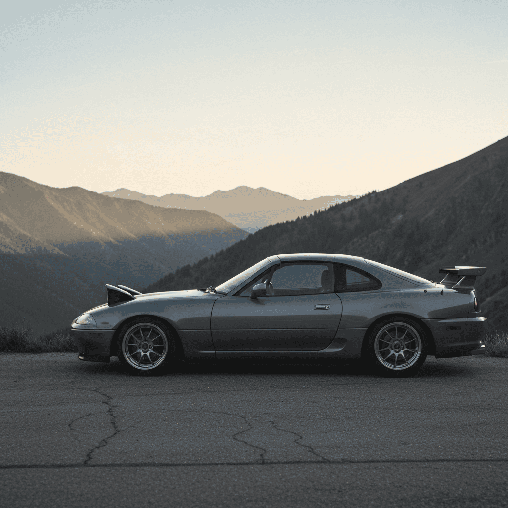 Iconic 1990s Japanese sports coupes lined up at a mountain pass