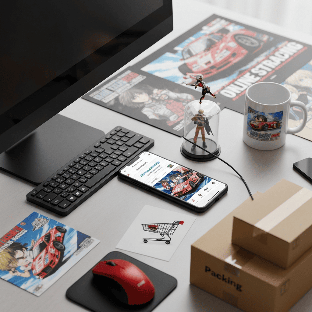 Diecast car figures and racing merch flat-lay for buying from Japan