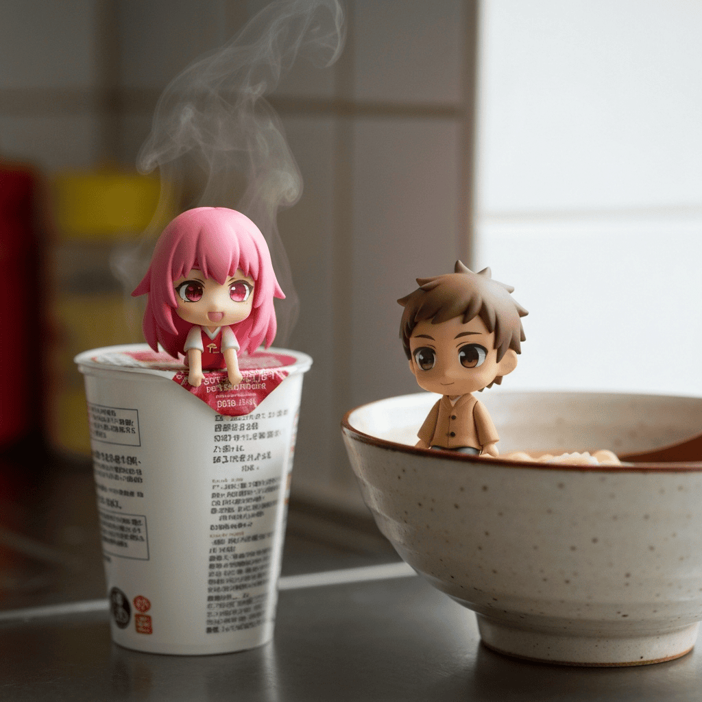Small anime noodle stopper figurines perched on a ramen cup rim