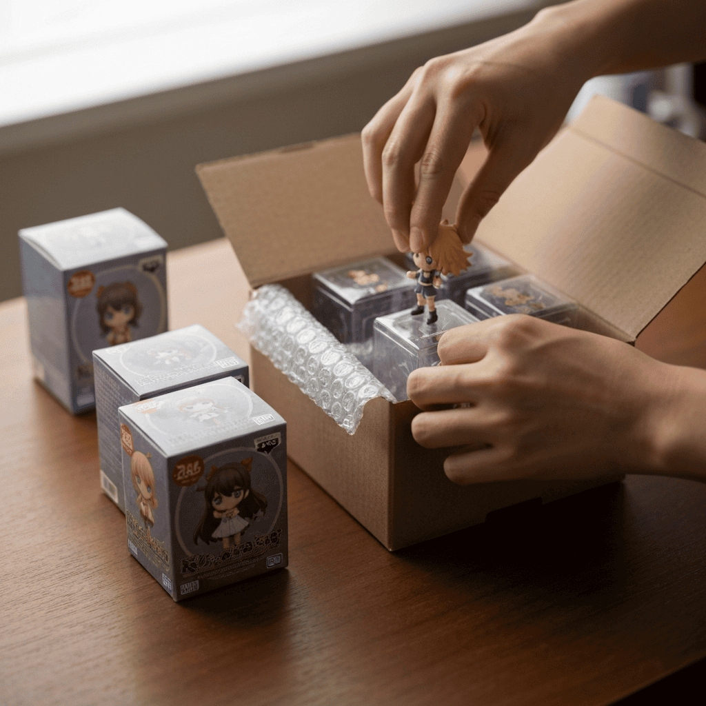 Packing boxed noodle stopper figures into a Japan import box
