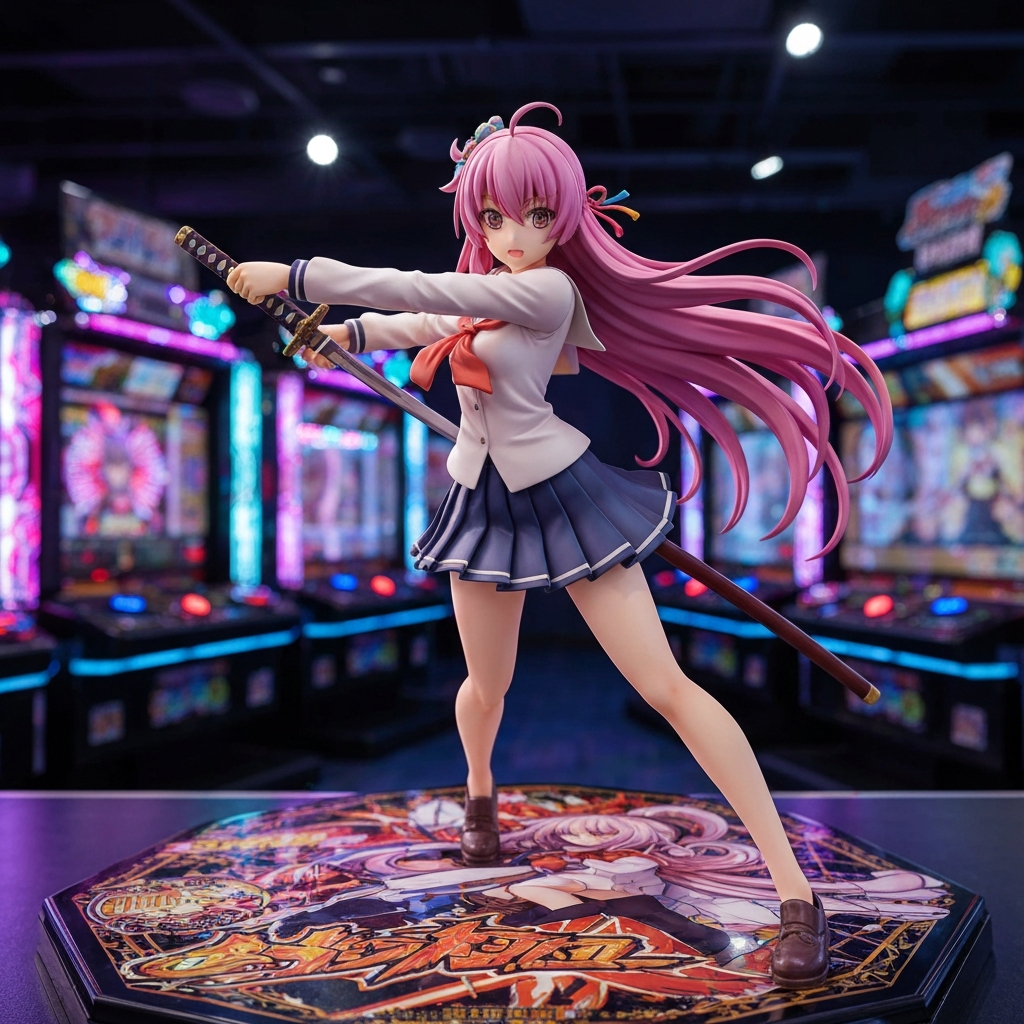 Glossy anime Blu-ray cases and action figures under dramatic studio lighting
