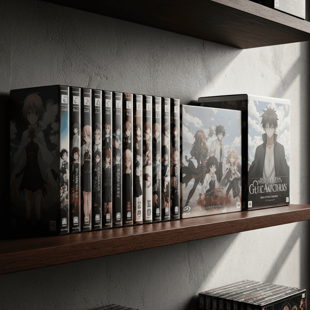Shelf of glossy anime Blu-ray box sets under cinematic lighting