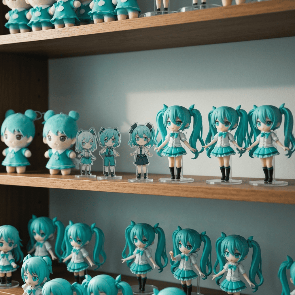 Teal-themed anime idol figures and plush on a collector shelf