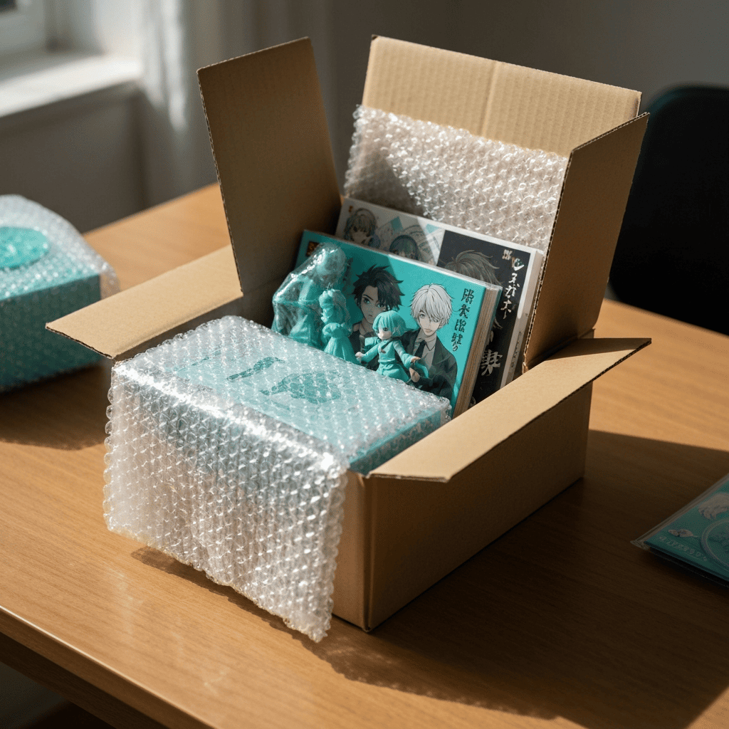 Packing teal Miku merchandise into a Japan shipping box