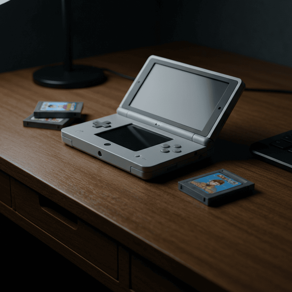 Handheld retro console with cartridges in gothic lighting