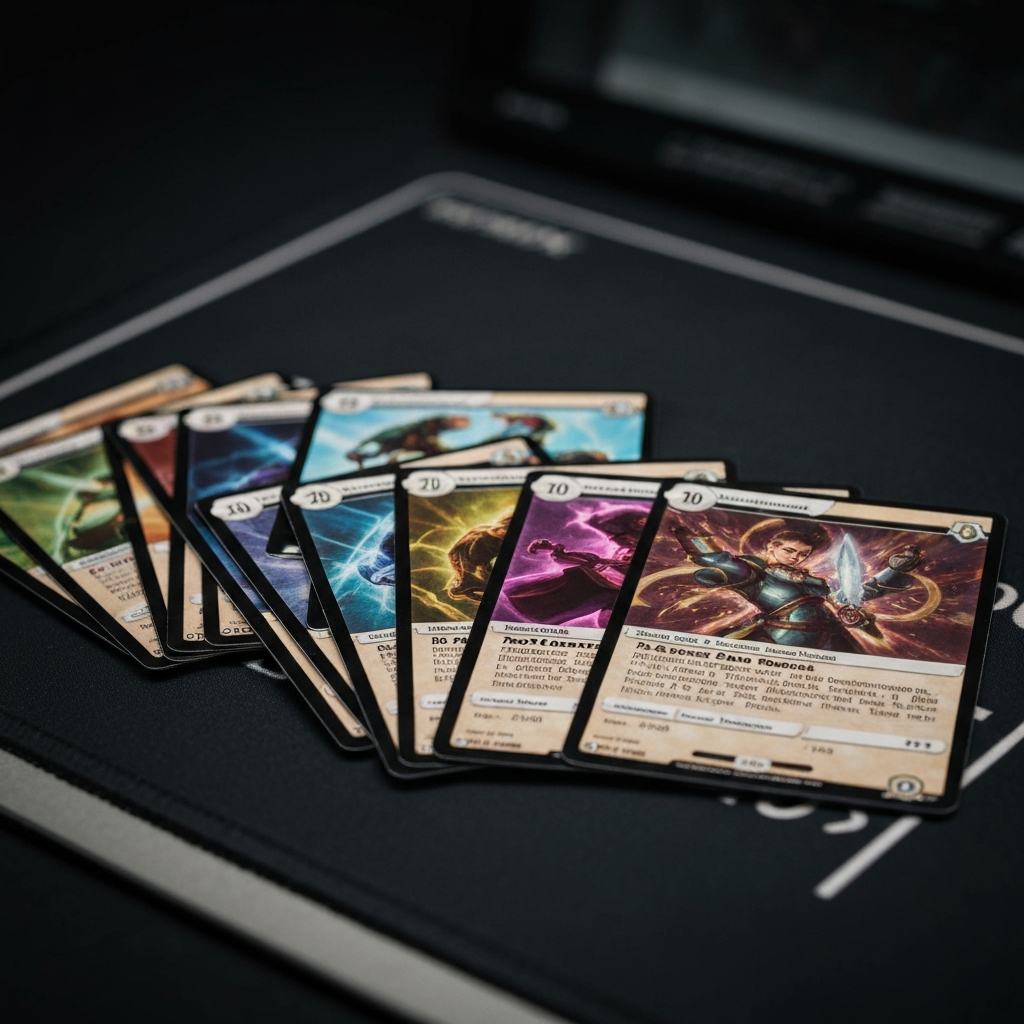 Glossy collectible trading cards fanned on dark mat