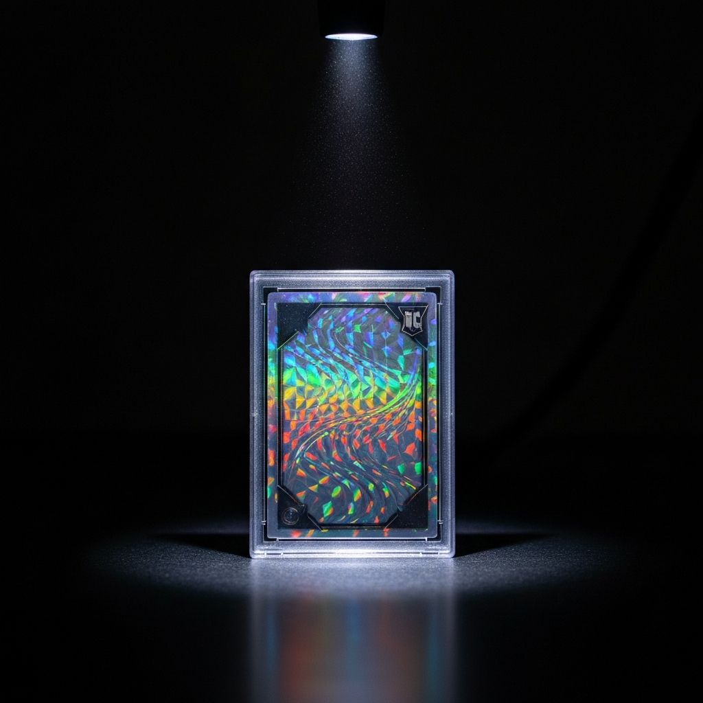 Valuable holographic trading card in protective case