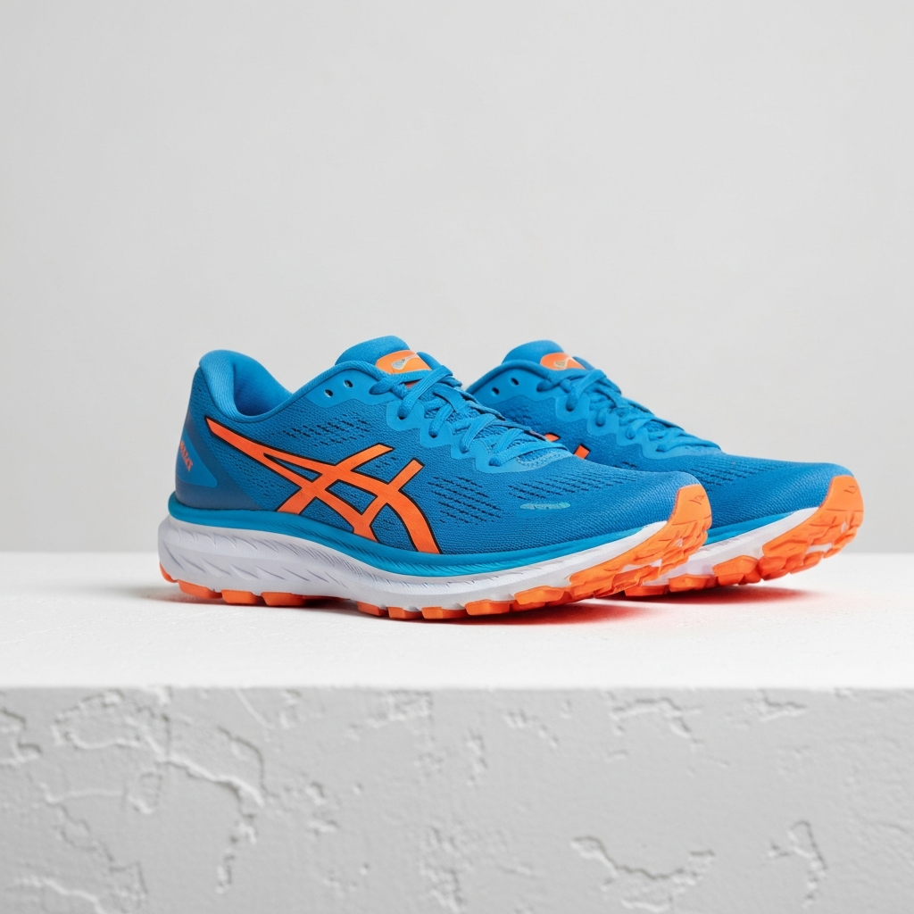 Colorful Japanese running shoes on a studio surface