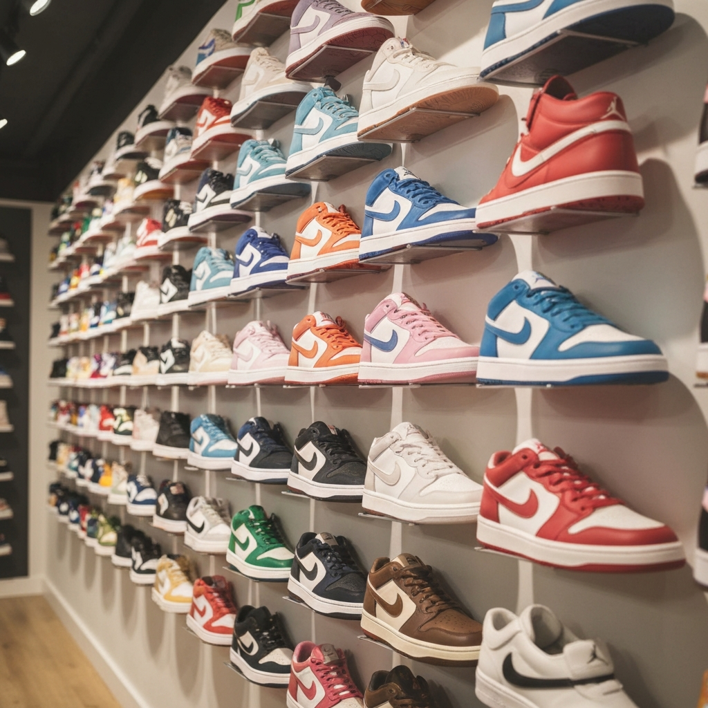 Wall display of colorful Japan-exclusive sneaker colorways