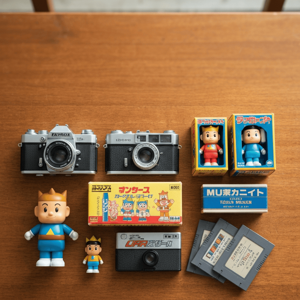 overhead flat-lay of assorted Japanese second-hand collectibles and vintage cameras on a wooden table