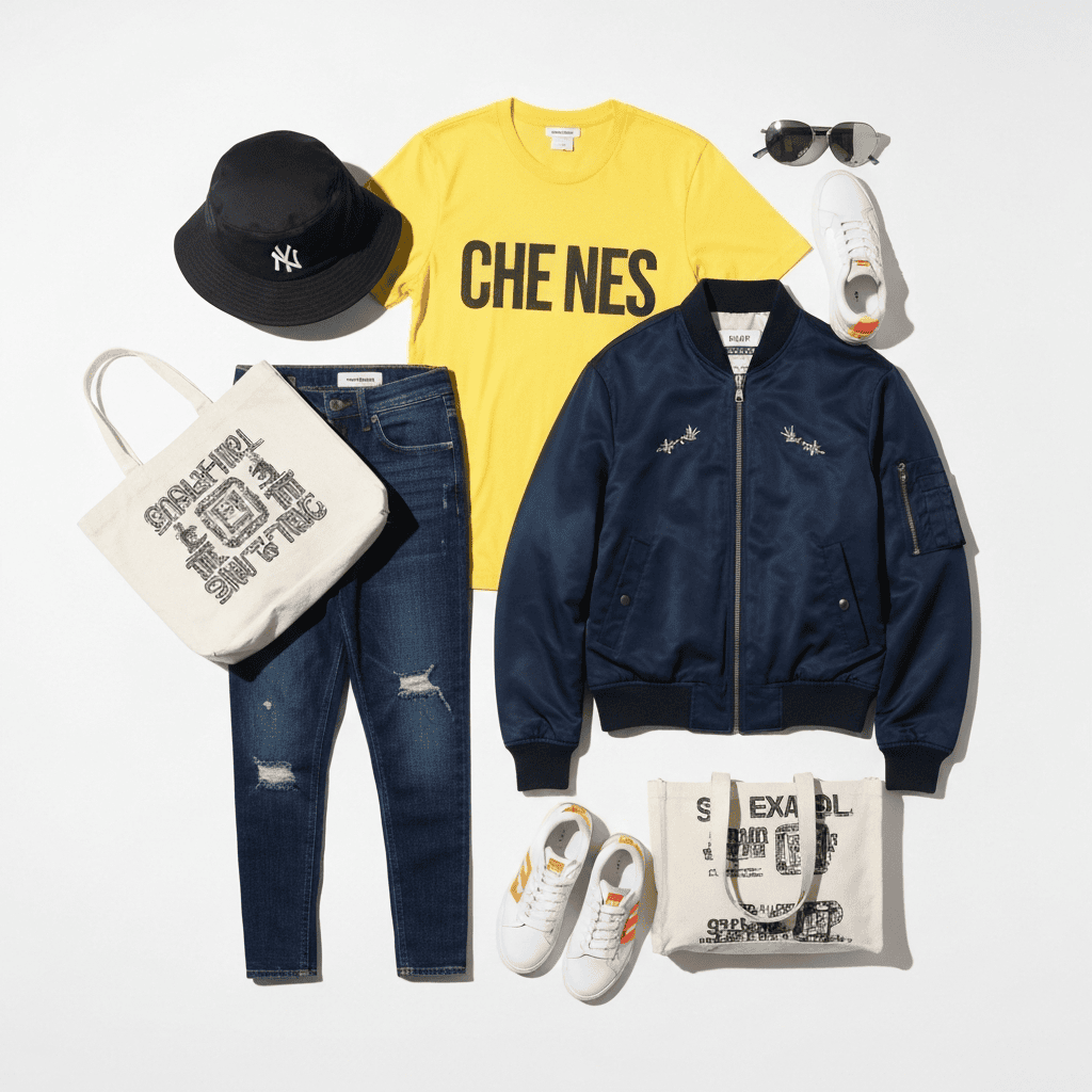 Flat-lay of trendy Japanese street fashion clothing sneakers and accessories