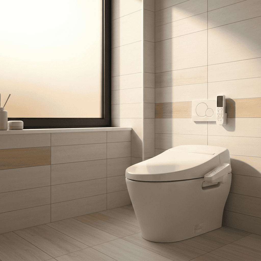 A modern Japanese bathroom with a high-tech electronic bidet toilet seat and control panel